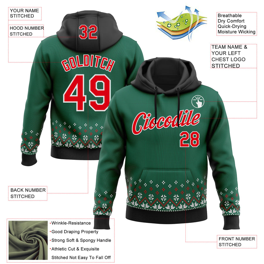 Custom Stitched Green Red-White 3D Christmas Sports Pullover Sweatshirt Hoodie
