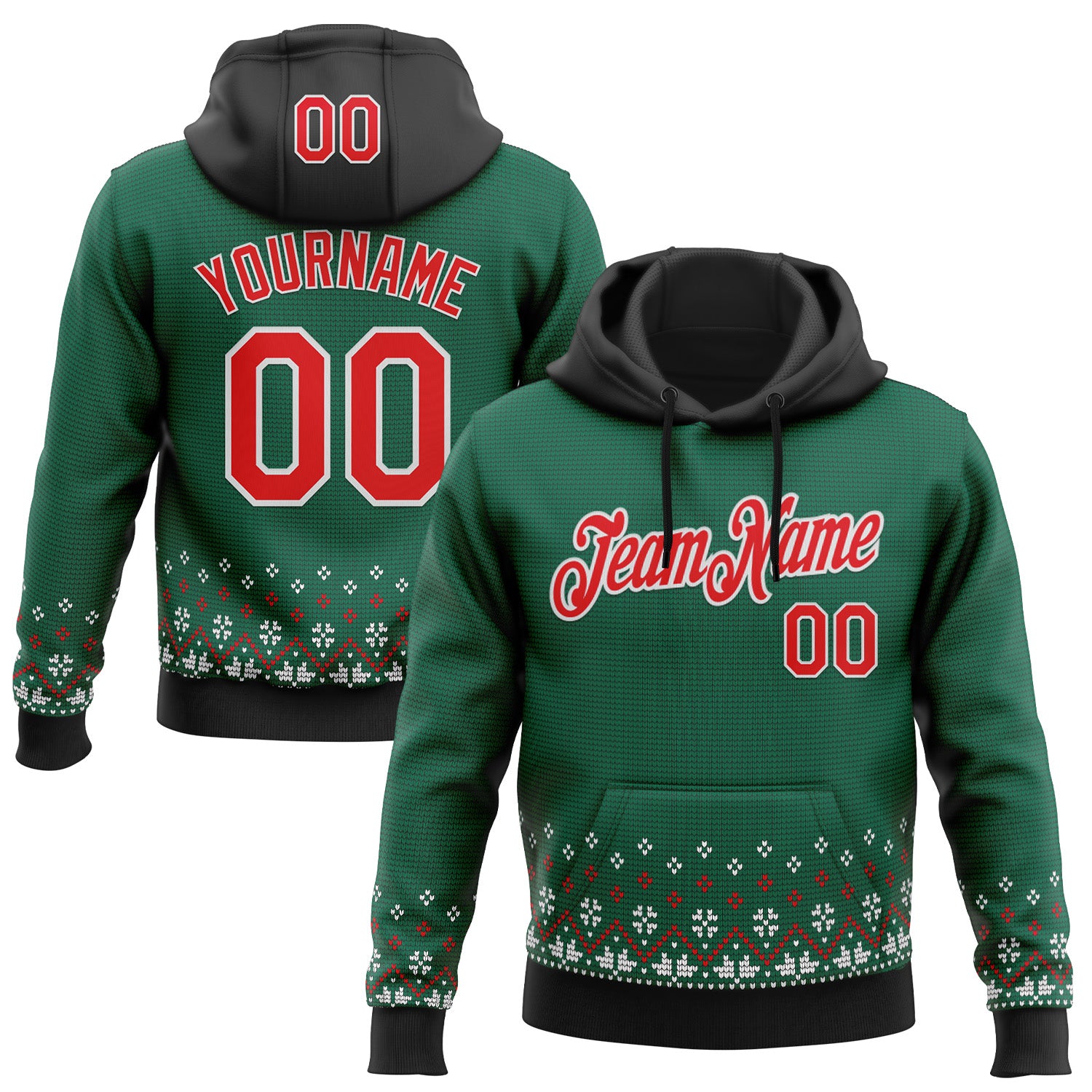 Custom Stitched Green Red-White 3D Christmas Sports Pullover Sweatshirt Hoodie