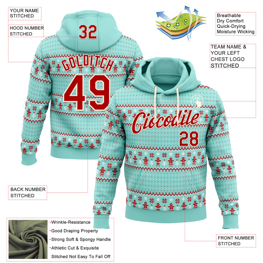 Custom Stitched Ice Blue Red-Cream 3D Christmas Ugly Sweater Sports Pullover Sweatshirt Hoodie