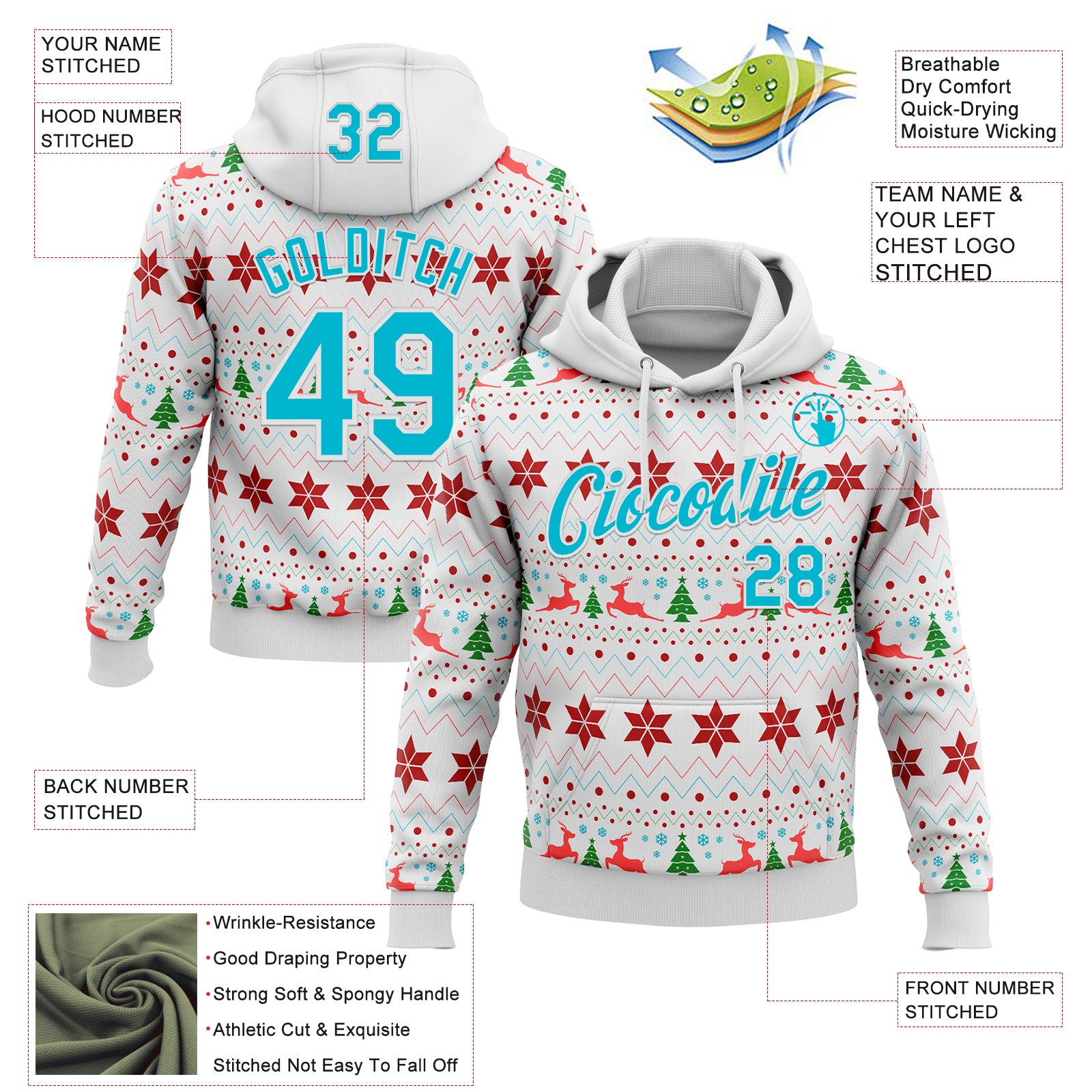 Custom Stitched White Lakes Blue-White 3D Christmas Ugly Sweater Sports Pullover Sweatshirt Hoodie