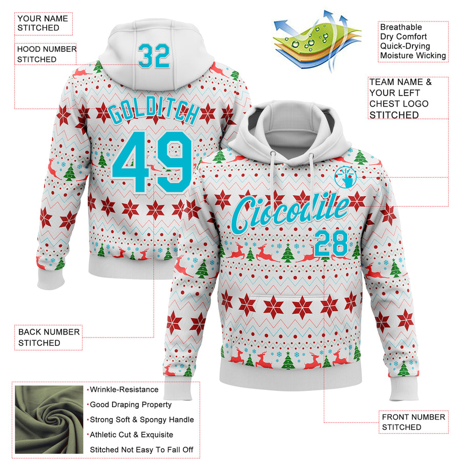 Custom Stitched White Lakes Blue-White 3D Christmas Ugly Sweater Sports Pullover Sweatshirt Hoodie
