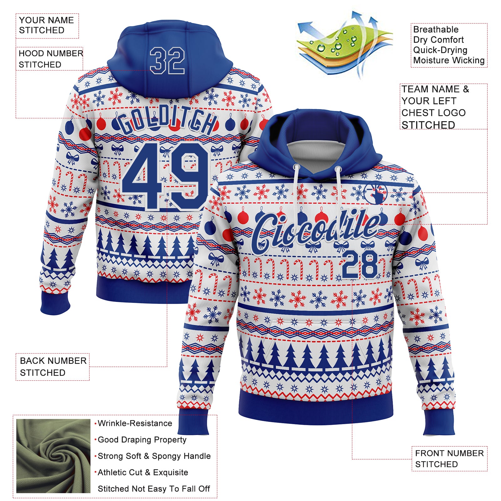 Custom Stitched Royal Royal-White 3D Christmas Ugly Sweater Sports Pullover Sweatshirt Hoodie