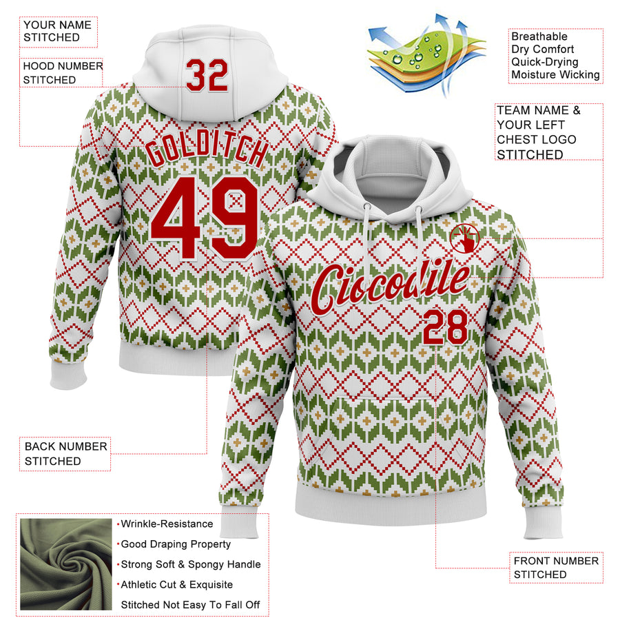 Custom Stitched White Red-White 3D Christmas Ugly Sweater Sports Pullover Sweatshirt Hoodie