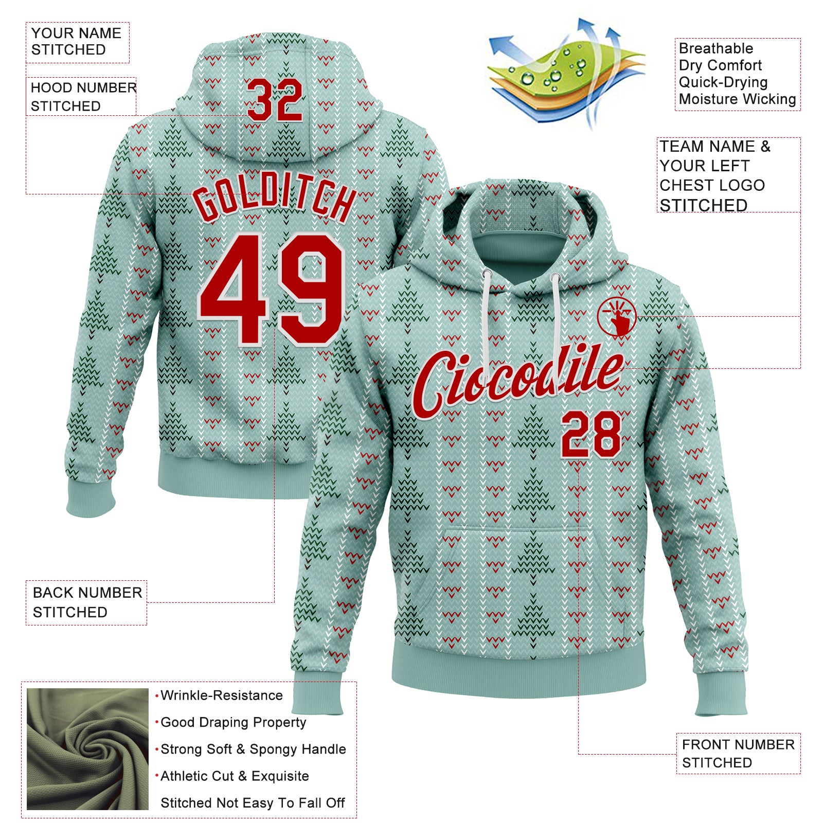 Custom Stitched Green Red-White 3D Christmas Ugly Sweater Sports Pullover Sweatshirt Hoodie
