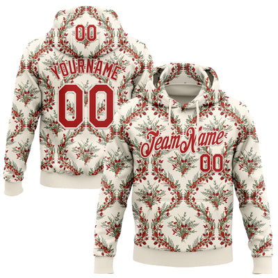 Custom Stitched Cream Red-Cream 3D Christmas Damask Floral Sports Pullover Sweatshirt Hoodie