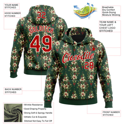 Custom Stitched Green Red-Cream 3D Christmas Floral Sports Pullover Sweatshirt Hoodie