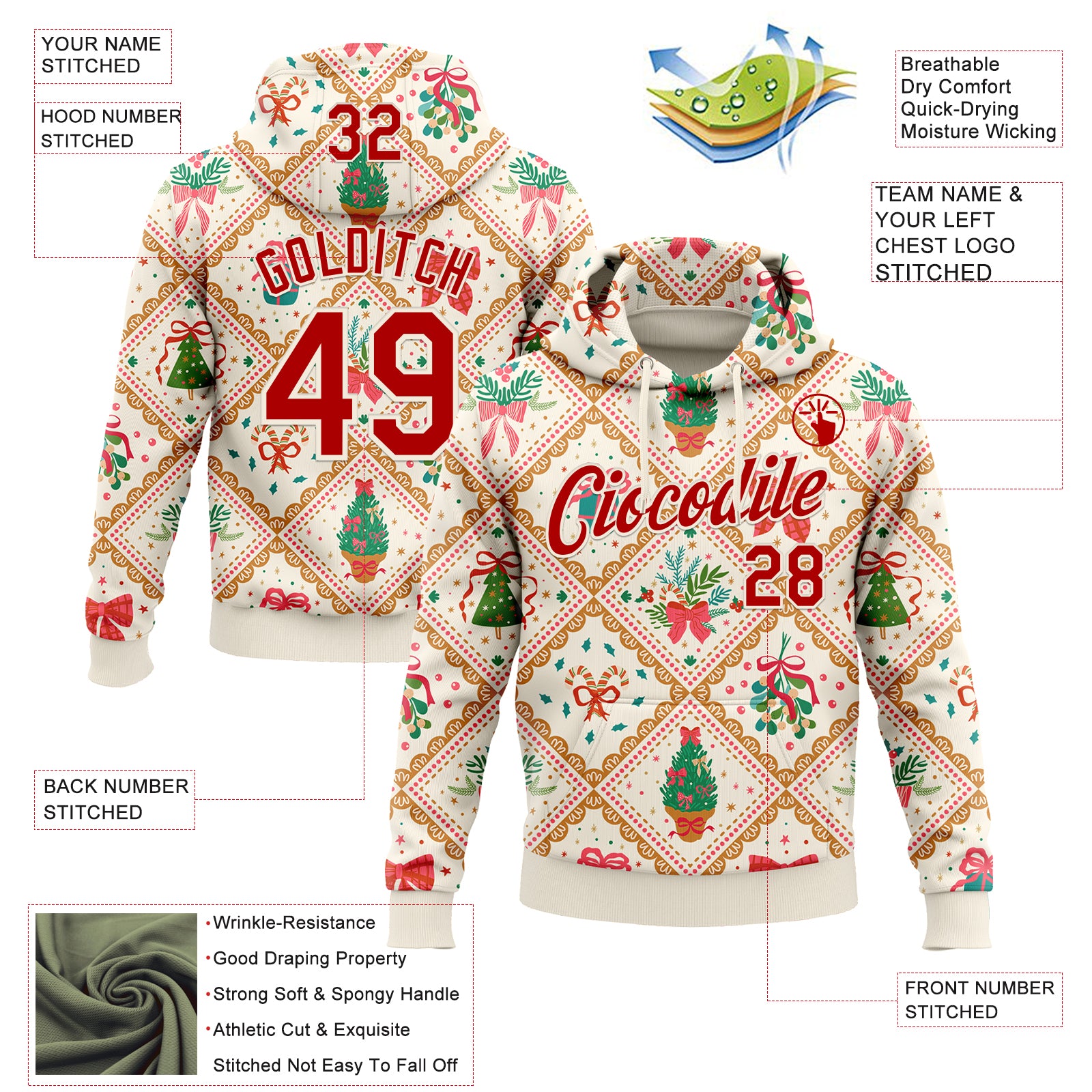 Custom Stitched Cream Red-Cream 3D Christmas Patchwork Sports Pullover Sweatshirt Hoodie