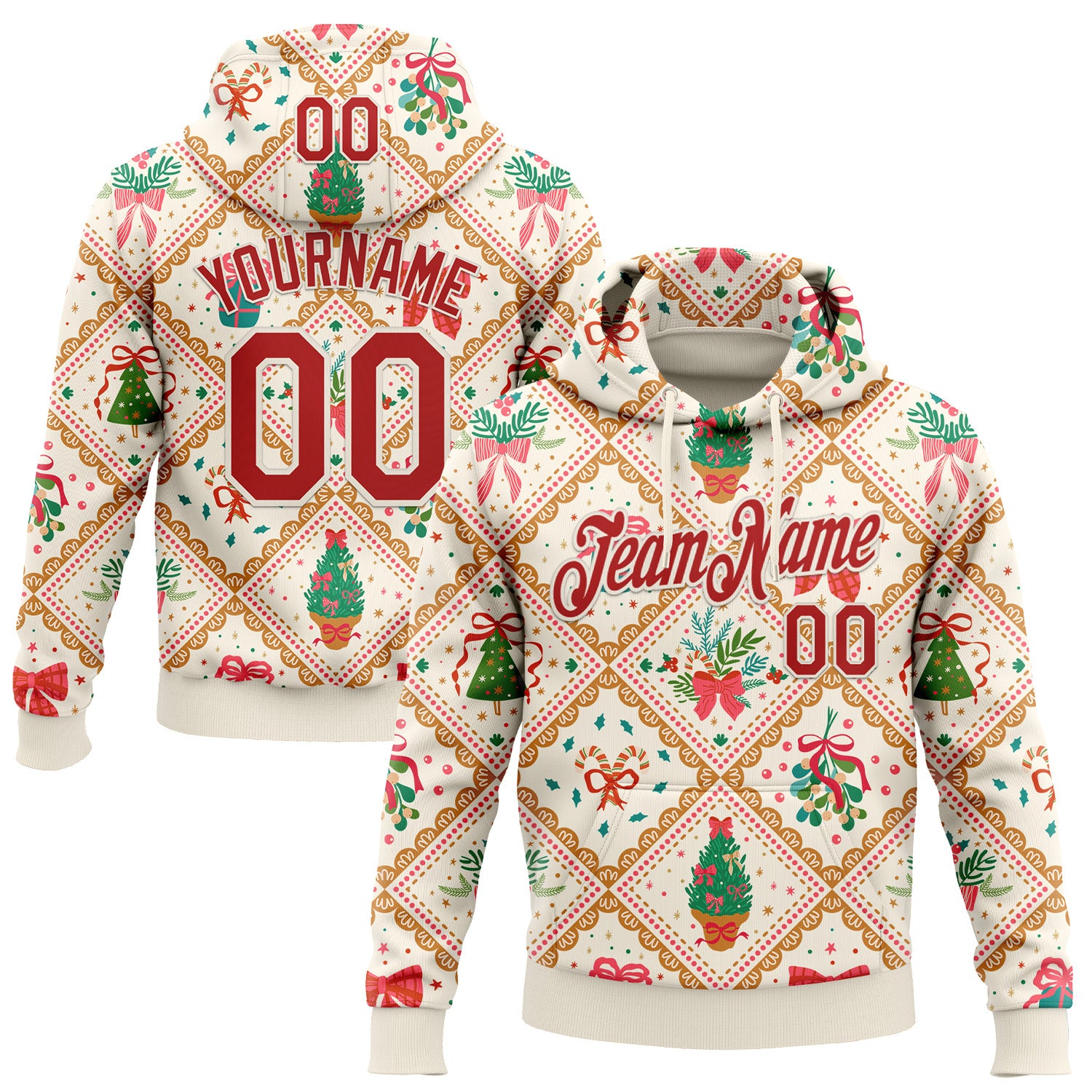 Custom Stitched Cream Red-Cream 3D Christmas Patchwork Sports Pullover Sweatshirt Hoodie
