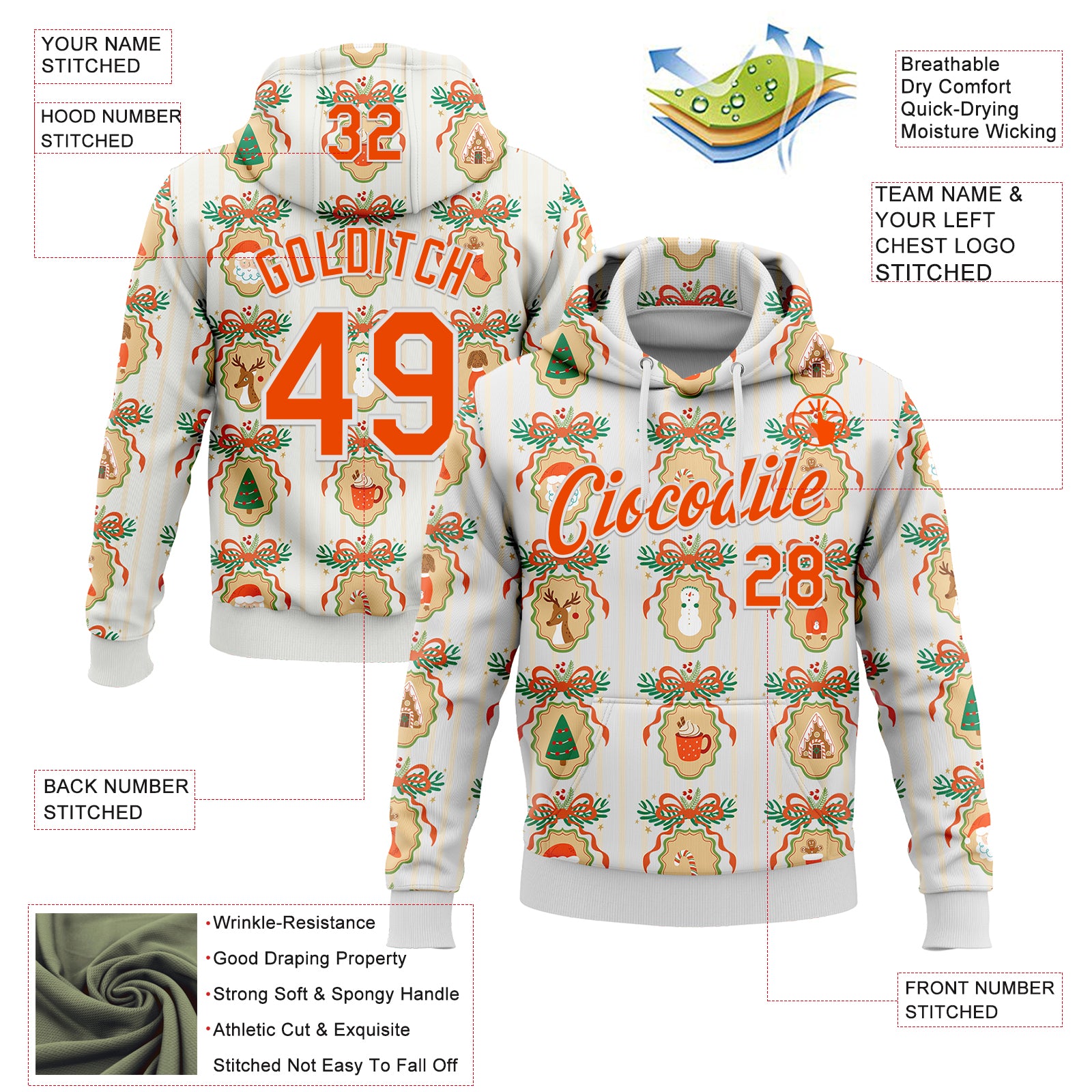 Custom Stitched White Orange-White 3D Christmas Sports Pullover Sweatshirt Hoodie