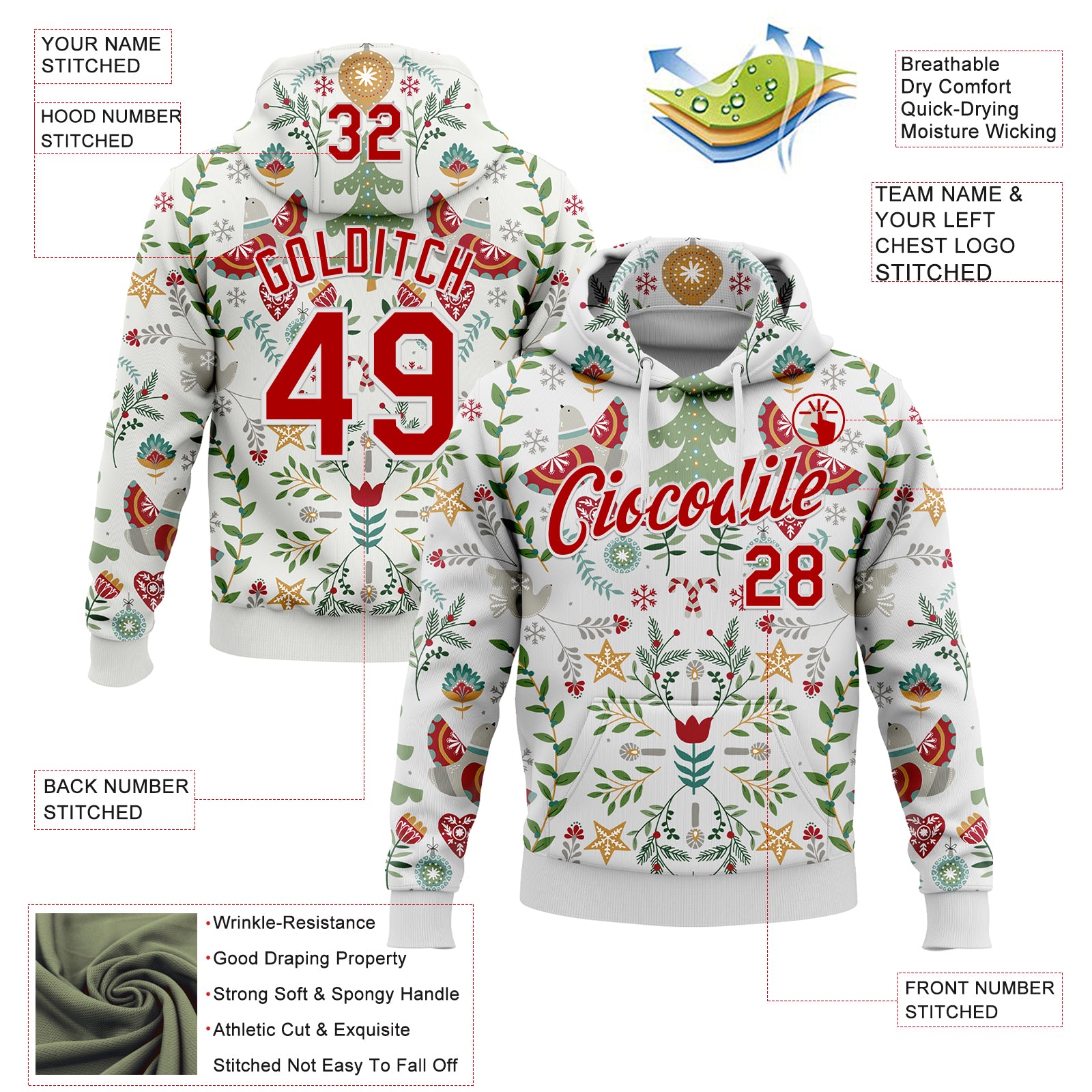 Custom Stitched White Red-White 3D Christmas Floral Sports Pullover Sweatshirt Hoodie