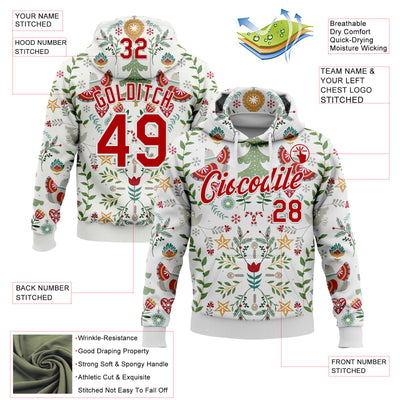Custom Stitched White Red-White 3D Christmas Floral Sports Pullover Sweatshirt Hoodie