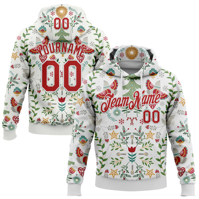 Custom Stitched White Red-White 3D Christmas Floral Sports Pullover Sweatshirt Hoodie