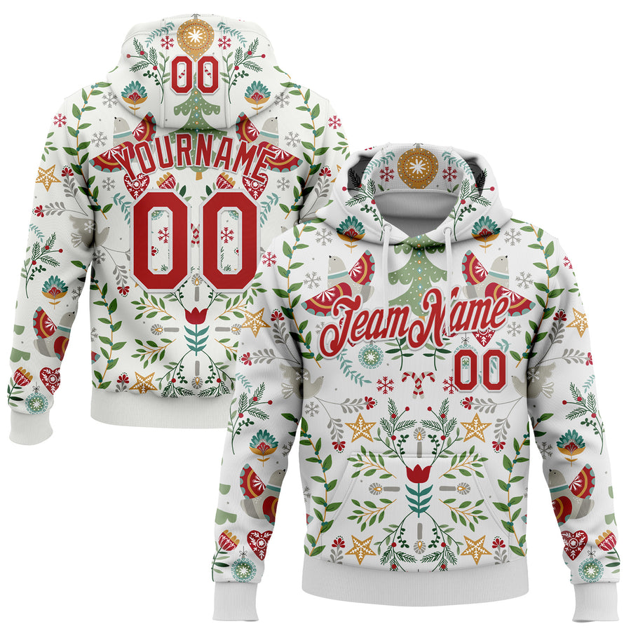 Custom Stitched White Red-White 3D Christmas Floral Sports Pullover Sweatshirt Hoodie