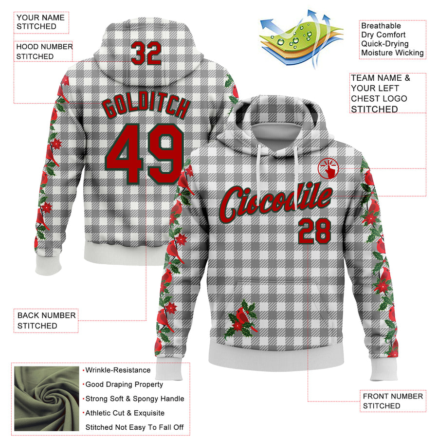 Custom Stitched White Red-Green 3D Christmas Floral Plaid Sports Pullover Sweatshirt Hoodie