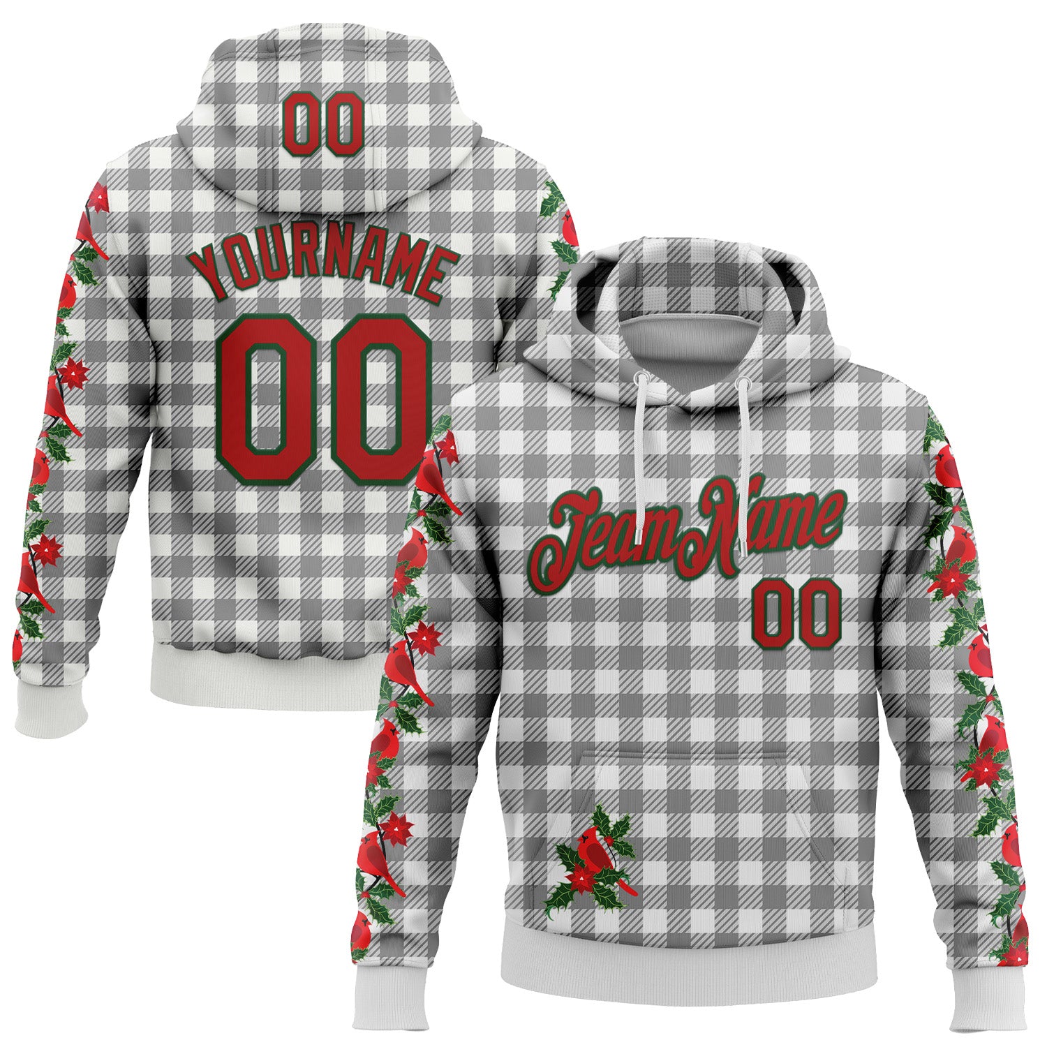 Custom Stitched White Red-Green 3D Christmas Floral Plaid Sports Pullover Sweatshirt Hoodie