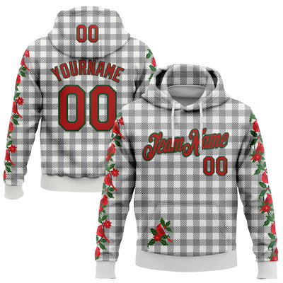 Custom Stitched White Red-Green 3D Christmas Floral Plaid Sports Pullover Sweatshirt Hoodie