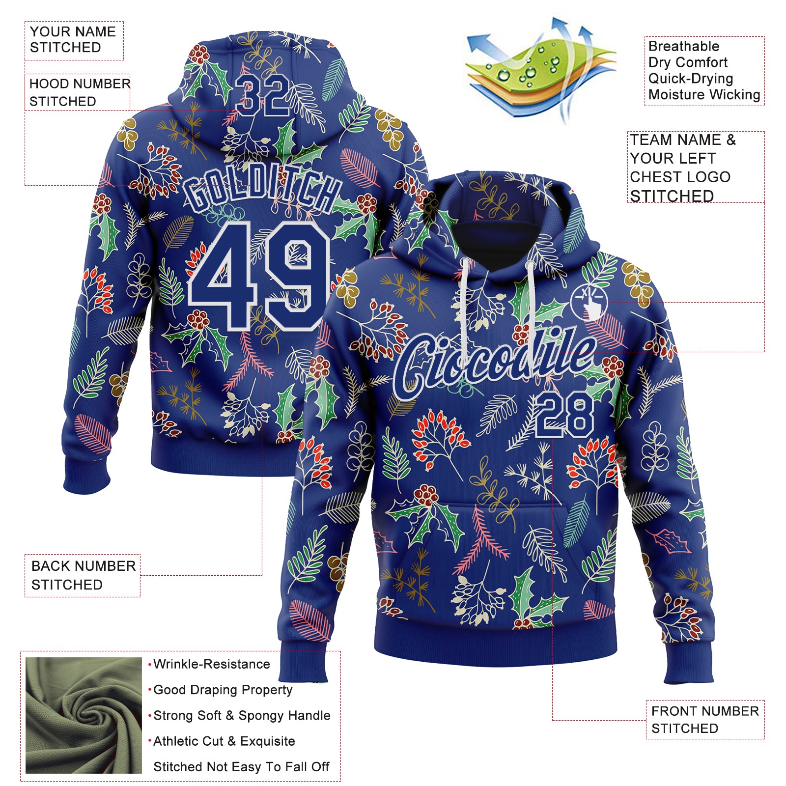 Custom Stitched Royal Royal-White 3D Christmas Sports Pullover Sweatshirt Hoodie