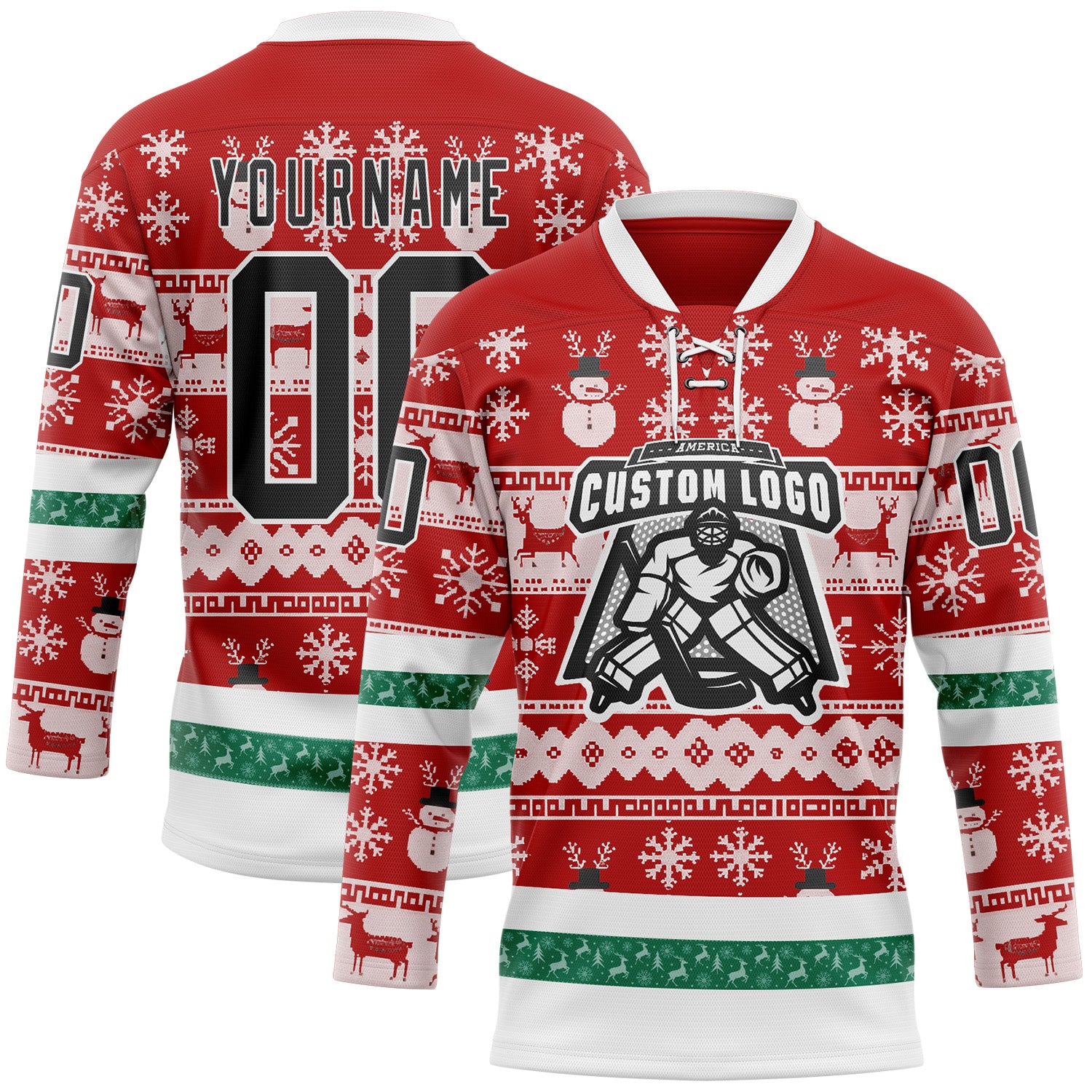 Custom Red Black-White 3D Christmas Ugly Sweater Hockey Lace Neck Jersey