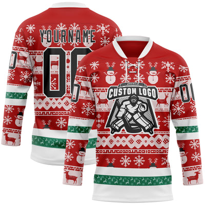 Custom Red Black-White 3D Christmas Ugly Sweater Hockey Lace Neck Jersey