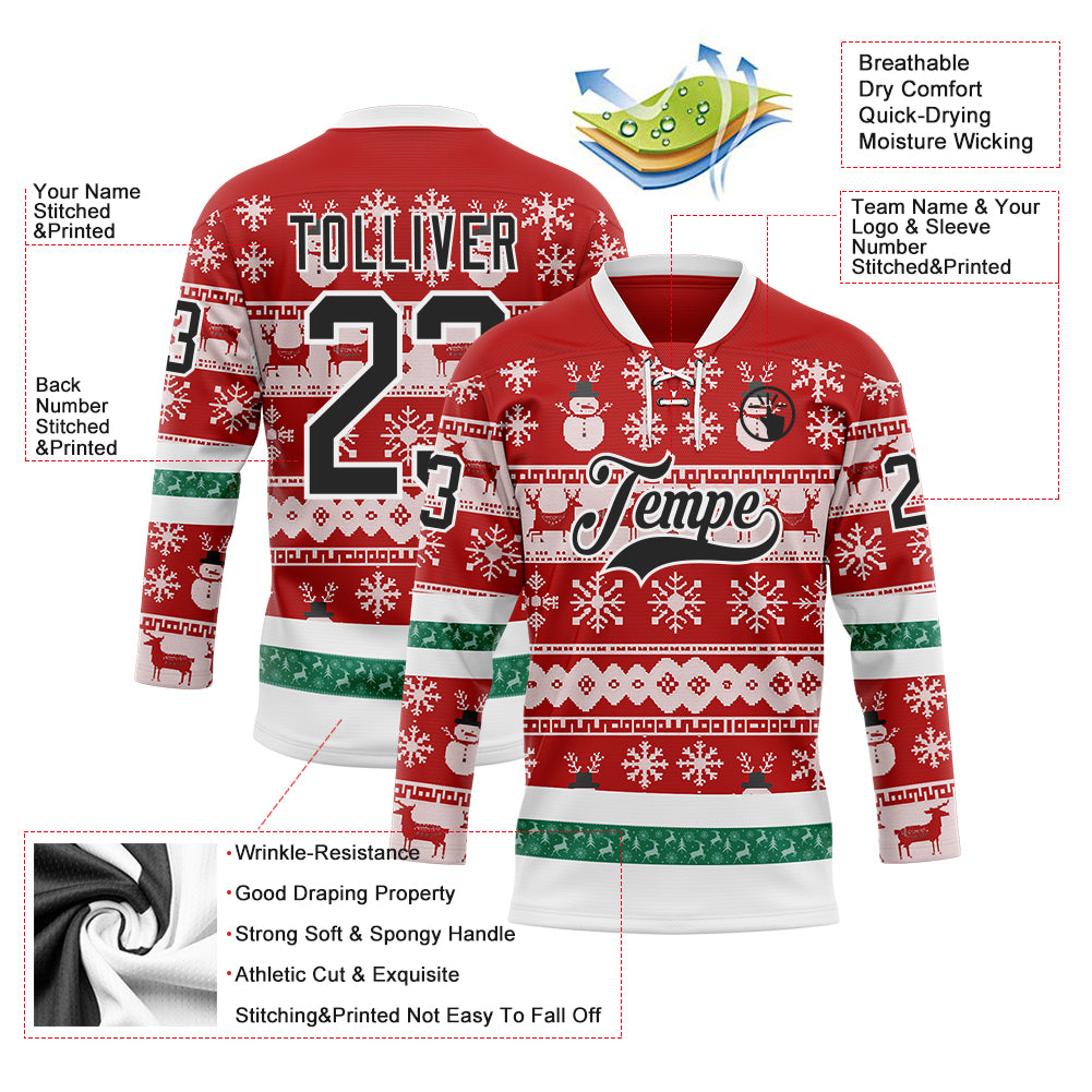 Custom Red Black-White 3D Christmas Ugly Sweater Hockey Lace Neck Jersey