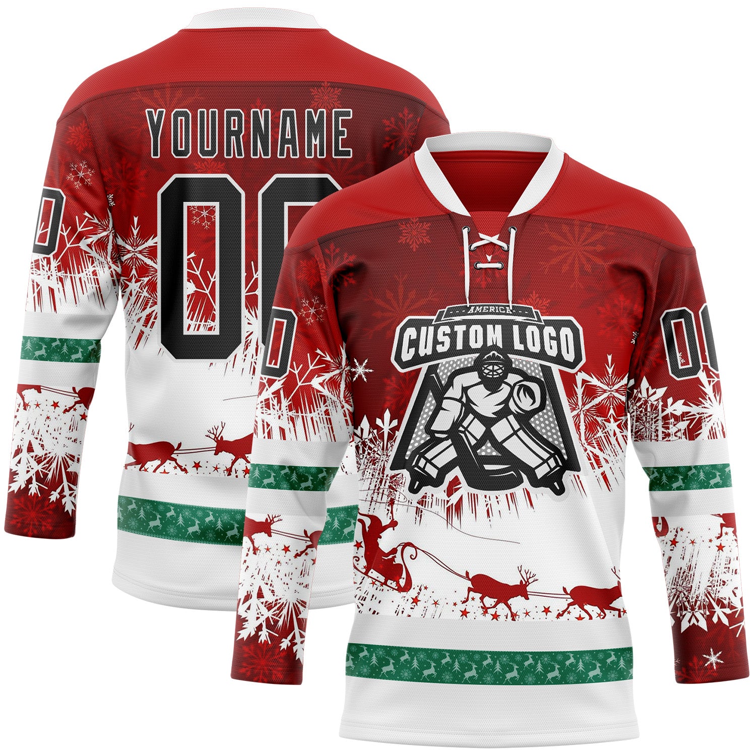 Custom Red Black-White 3D Christmas Reindeer Hockey Lace Neck Jersey