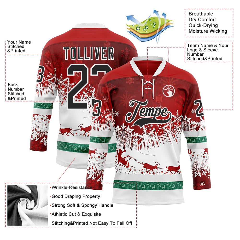 Custom Red Black-White 3D Christmas Reindeer Hockey Lace Neck Jersey