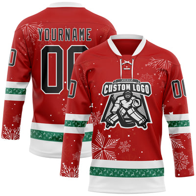 Custom Red Black-White 3D Christmas Hockey Lace Neck Jersey