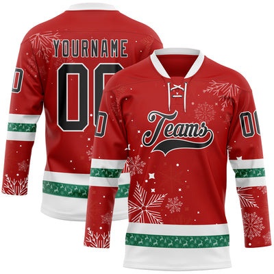 Custom Red Black-White 3D Christmas Hockey Lace Neck Jersey