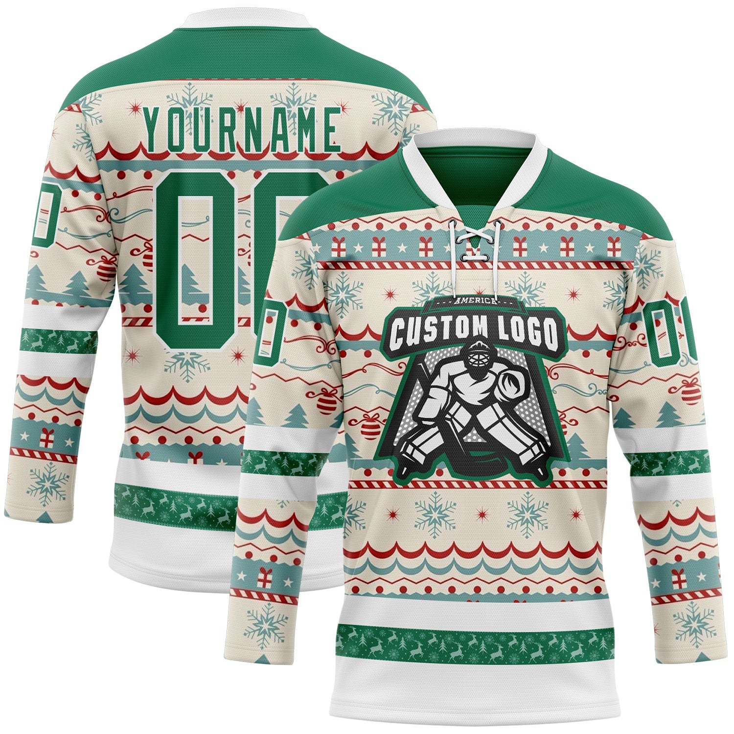 Custom Red Kelly Green-White 3D Christmas Ugly Sweater Hockey Lace Neck Jersey