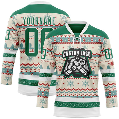 Custom Red Kelly Green-White 3D Christmas Ugly Sweater Hockey Lace Neck Jersey