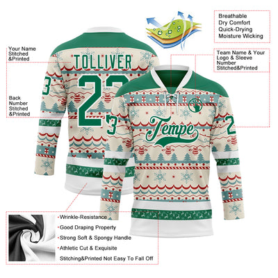 Custom Red Kelly Green-White 3D Christmas Ugly Sweater Hockey Lace Neck Jersey