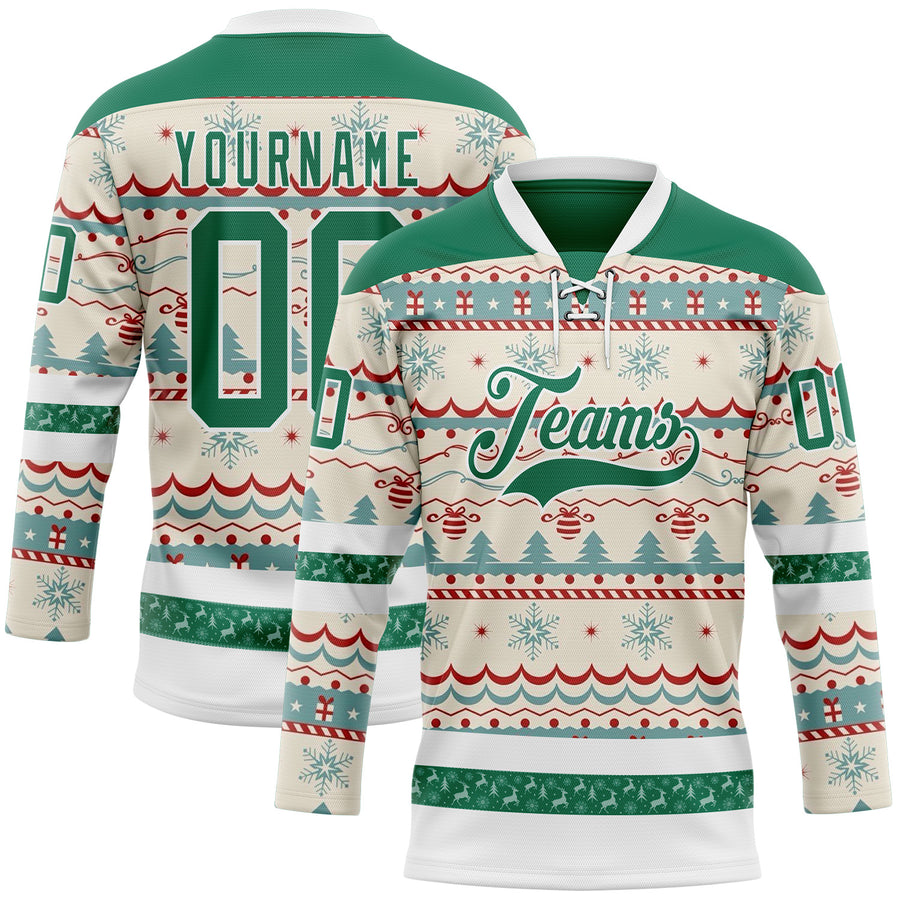 Custom Red Kelly Green-White 3D Christmas Ugly Sweater Hockey Lace Neck Jersey