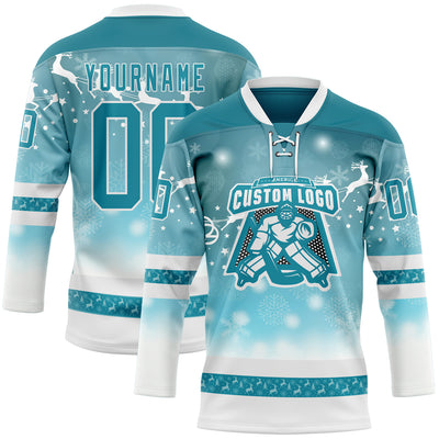 Custom Teal Teal-White 3D Christmas Reindeer Hockey Lace Neck Jersey