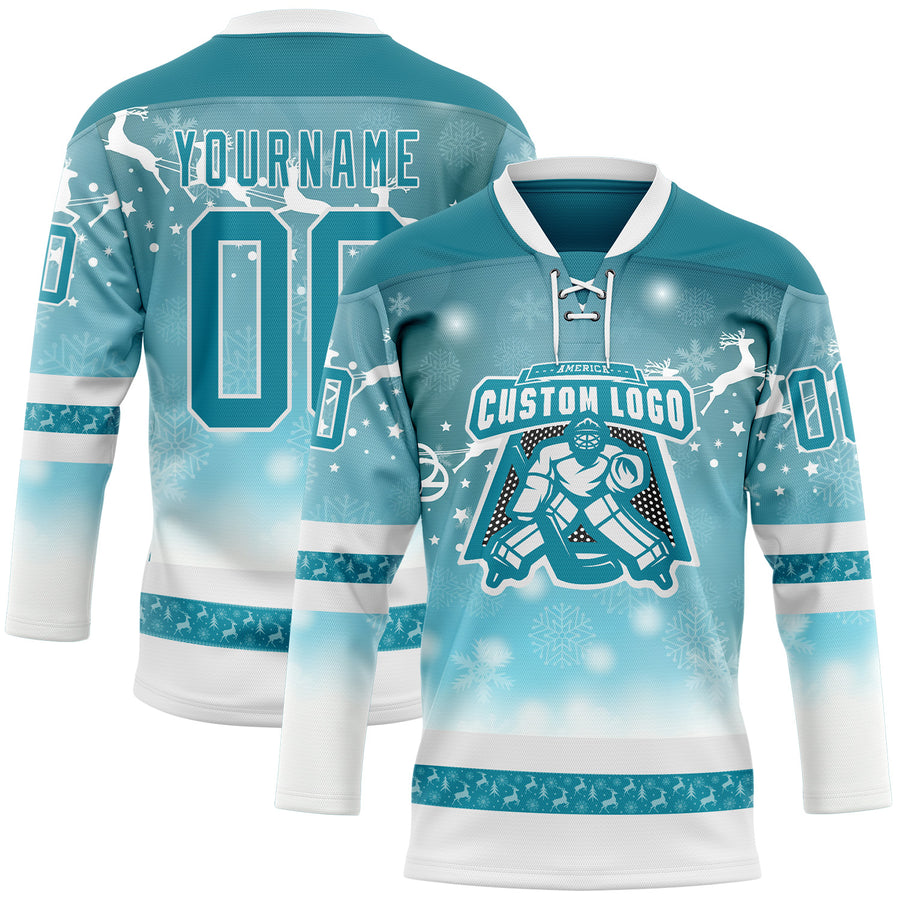 Custom Teal Teal-White 3D Christmas Reindeer Hockey Lace Neck Jersey