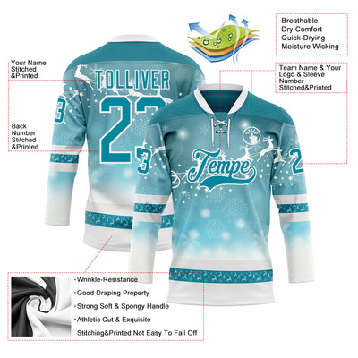 Custom Teal Teal-White 3D Christmas Reindeer Hockey Lace Neck Jersey