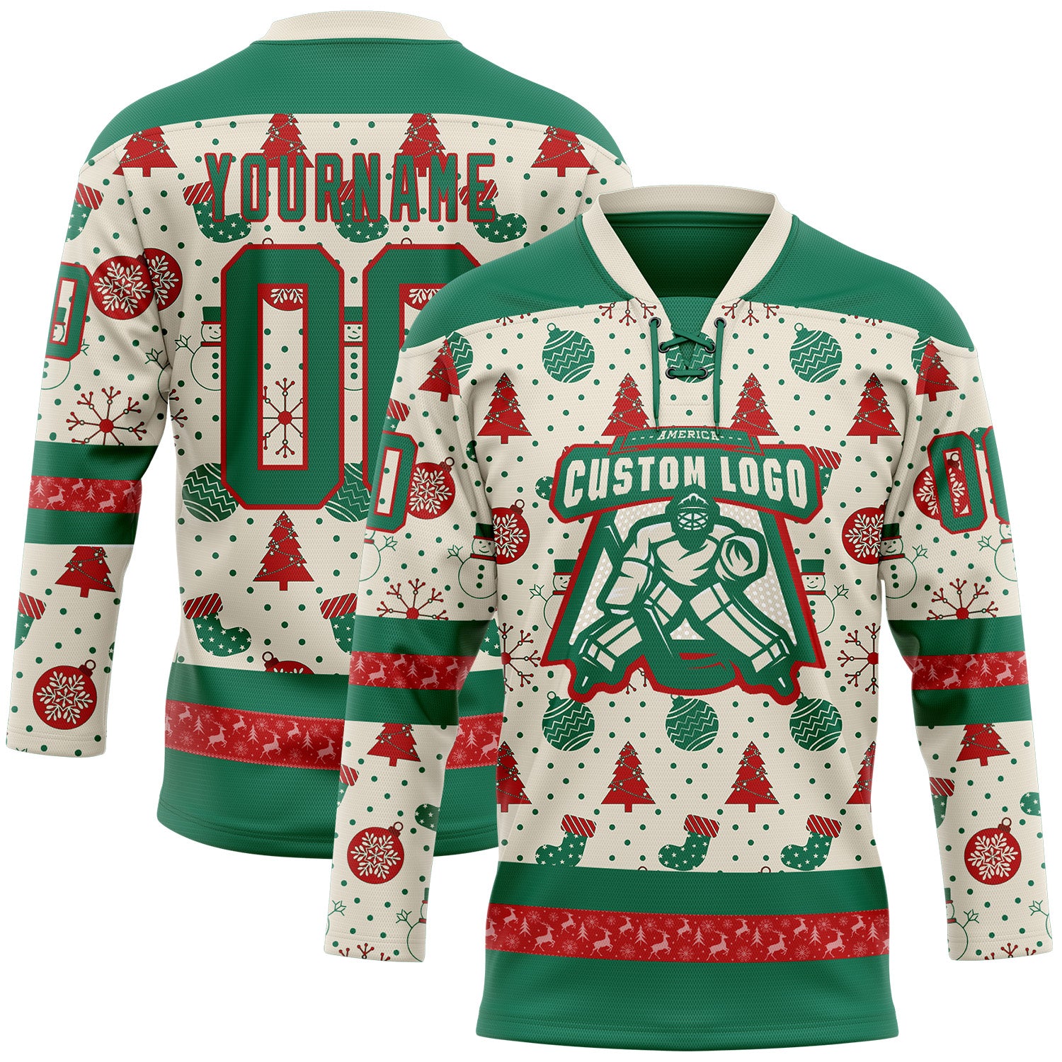 Custom Cream Kelly Green-Red 3D Christmas Hockey Lace Neck Jersey