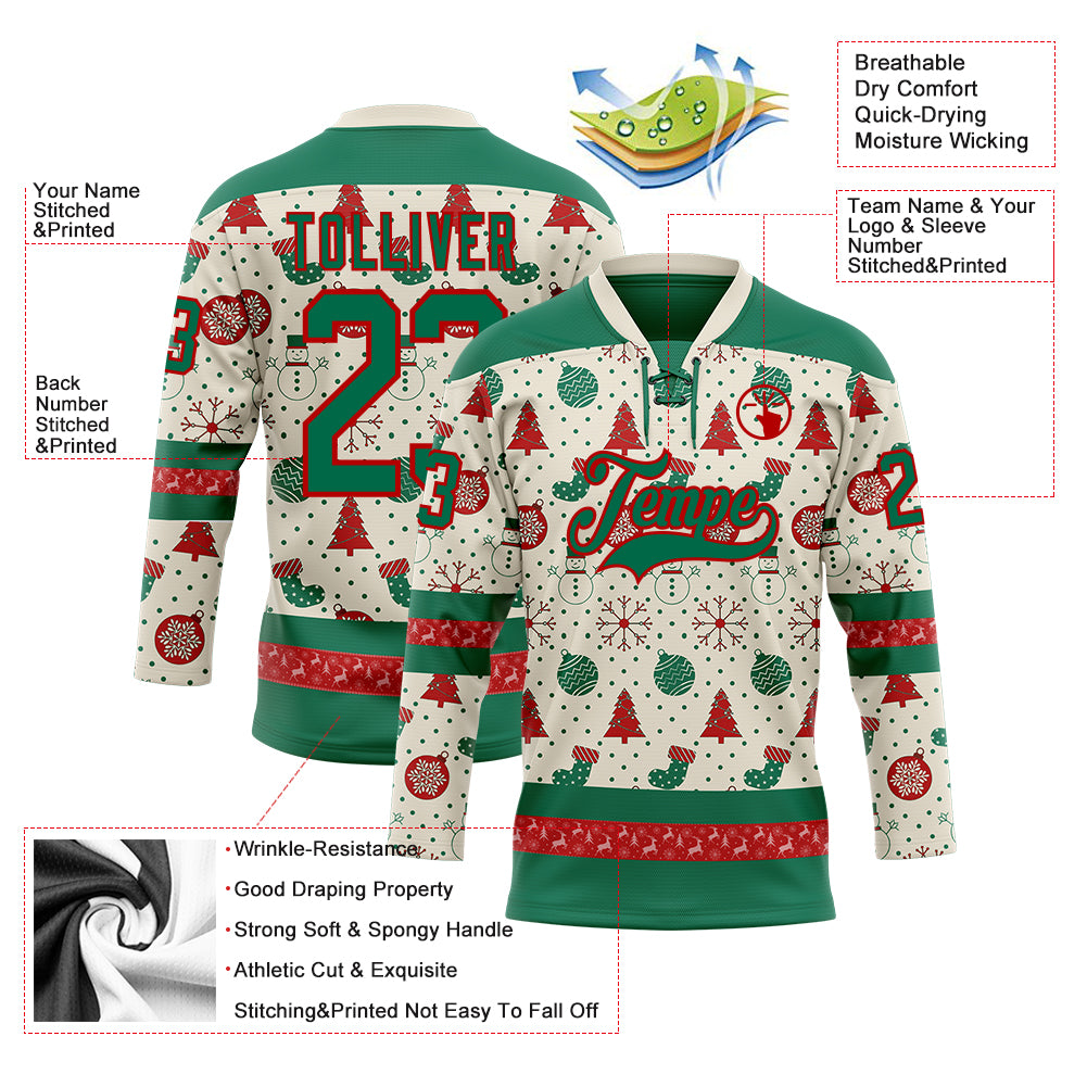 Custom Cream Kelly Green-Red 3D Christmas Hockey Lace Neck Jersey
