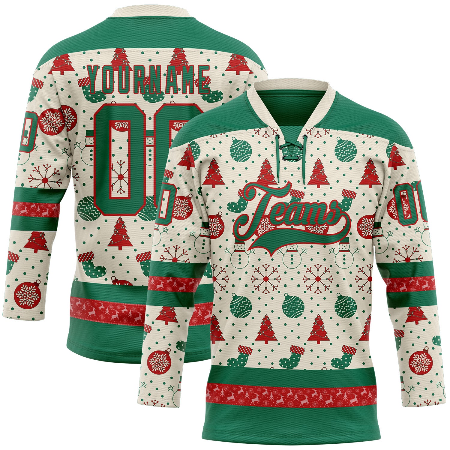 Custom Cream Kelly Green-Red 3D Christmas Hockey Lace Neck Jersey
