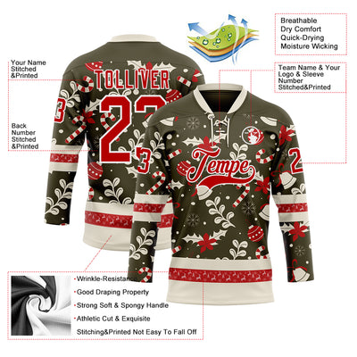 Custom Olive Red-White 3D Christmas Hockey Lace Neck Jersey