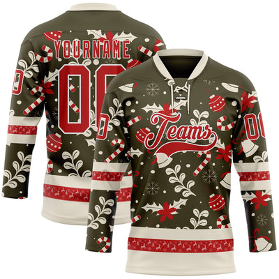 Custom Olive Red-White 3D Christmas Hockey Lace Neck Jersey