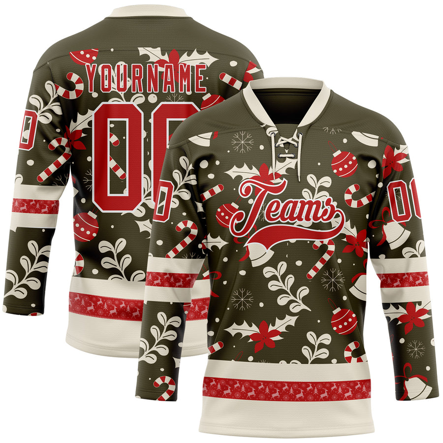 Custom Olive Red-White 3D Christmas Hockey Lace Neck Jersey