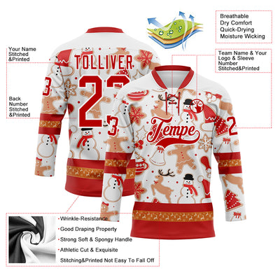 Custom White Red-White 3D Christmas Hockey Lace Neck Jersey