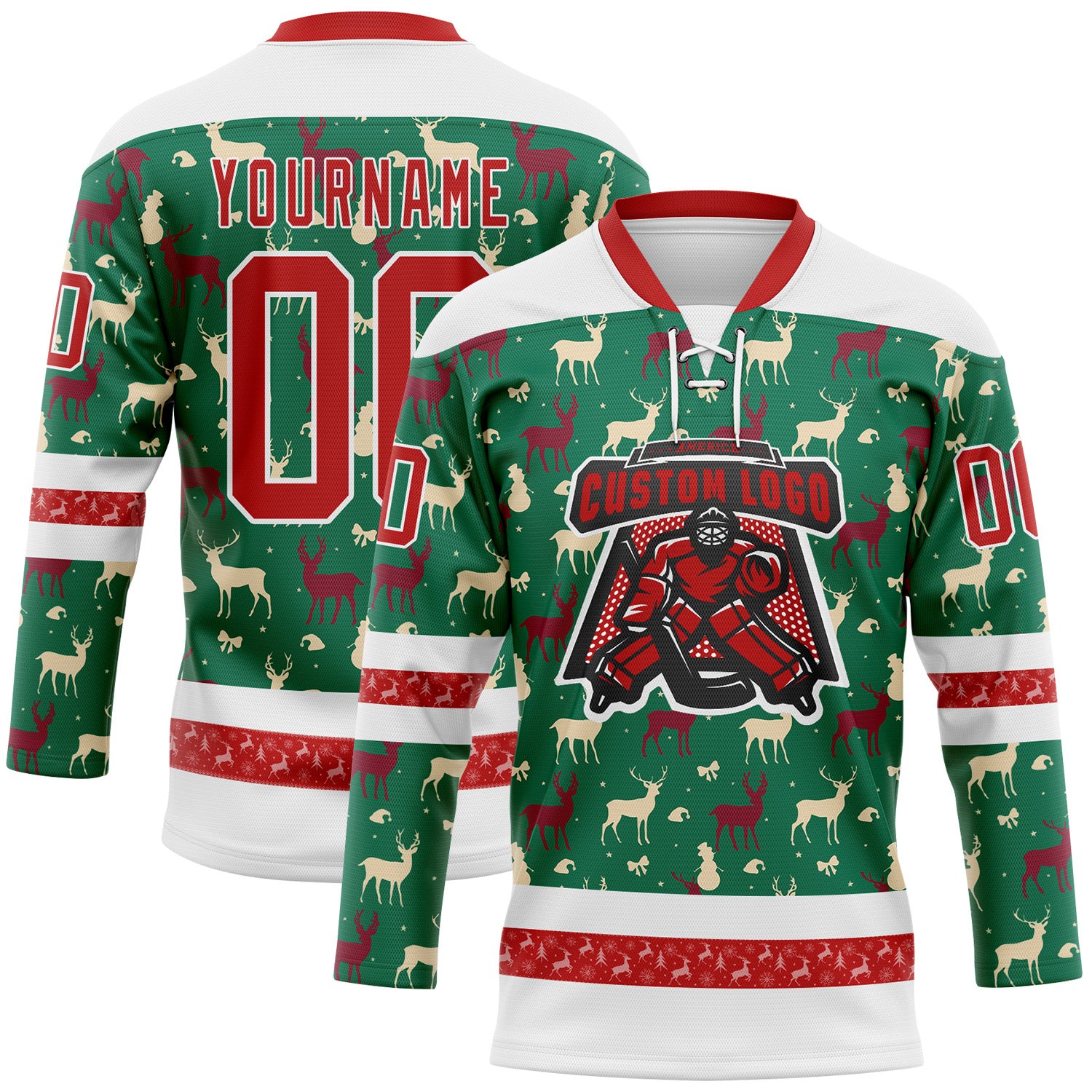 Custom Kelly Green Red-White 3D Christmas Reindeer Hockey Lace Neck Jersey