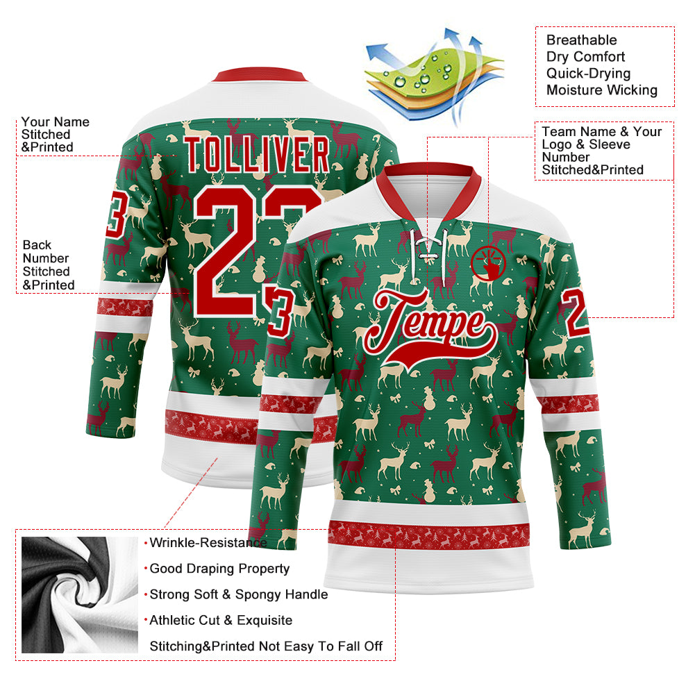 Custom Kelly Green Red-White 3D Christmas Reindeer Hockey Lace Neck Jersey