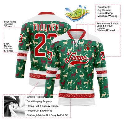 Custom Kelly Green Red-White 3D Christmas Reindeer Hockey Lace Neck Jersey