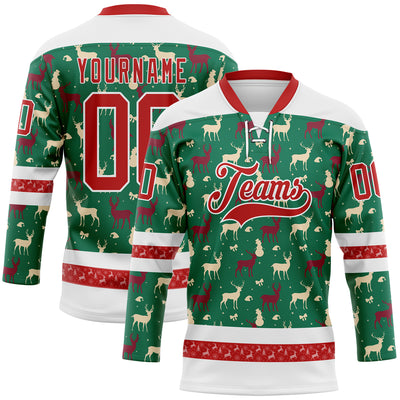 Custom Kelly Green Red-White 3D Christmas Reindeer Hockey Lace Neck Jersey