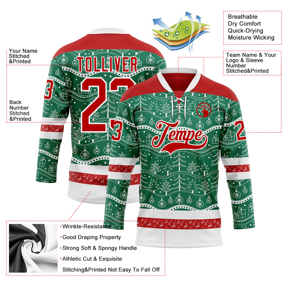 Custom Kelly Green Red-White 3D Christmas Hockey Lace Neck Jersey