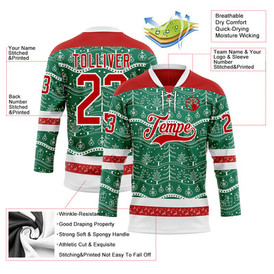 Custom Kelly Green Red-White 3D Christmas Hockey Lace Neck Jersey
