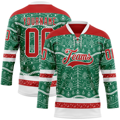 Custom Kelly Green Red-White 3D Christmas Hockey Lace Neck Jersey