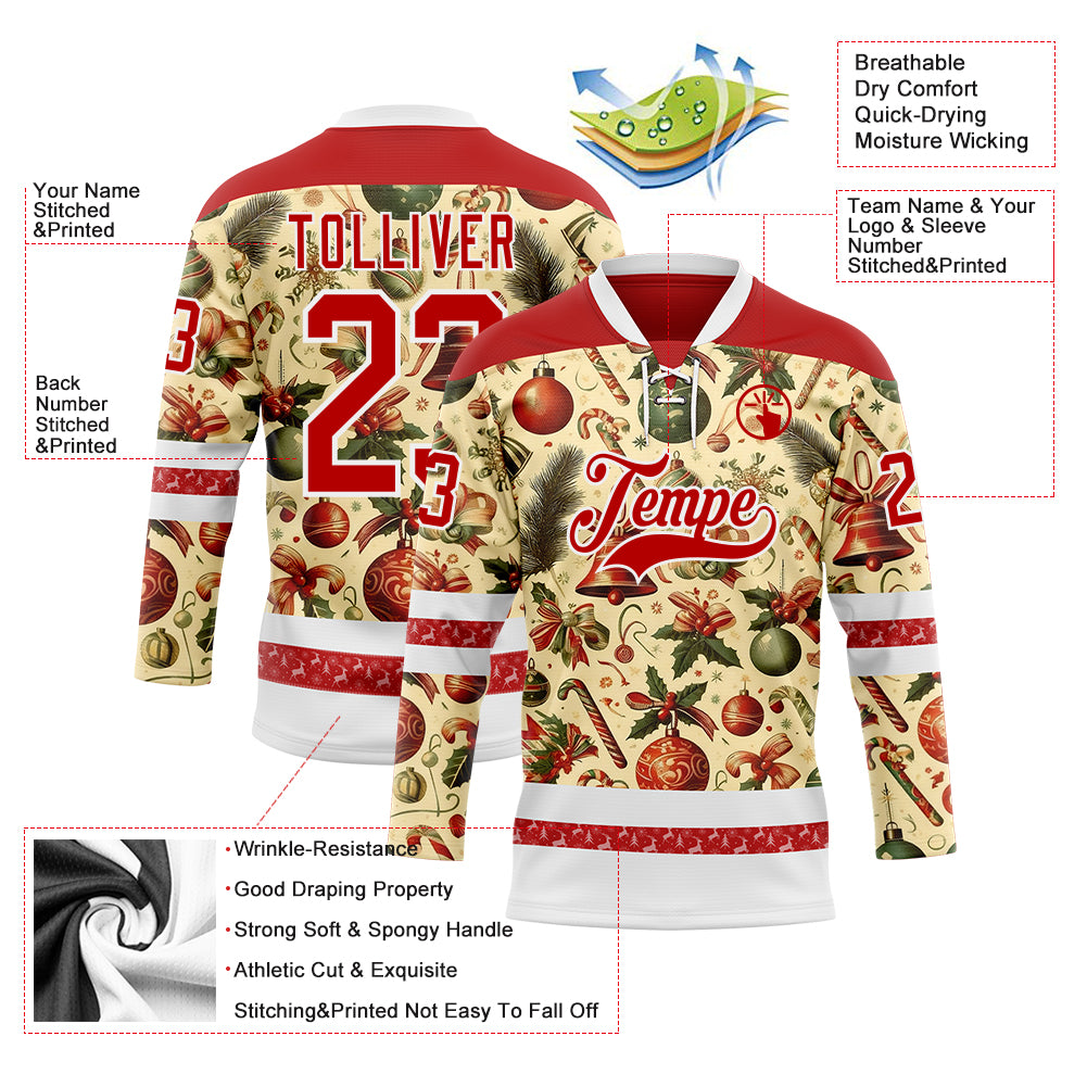 Custom Red Red-White 3D Christmas Hockey Lace Neck Jersey